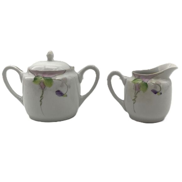 Meito China Creamer & Sugar Bowl w/ Lid Hand Painted Violet Floral Gold Trimmed - Picture 4 of 15